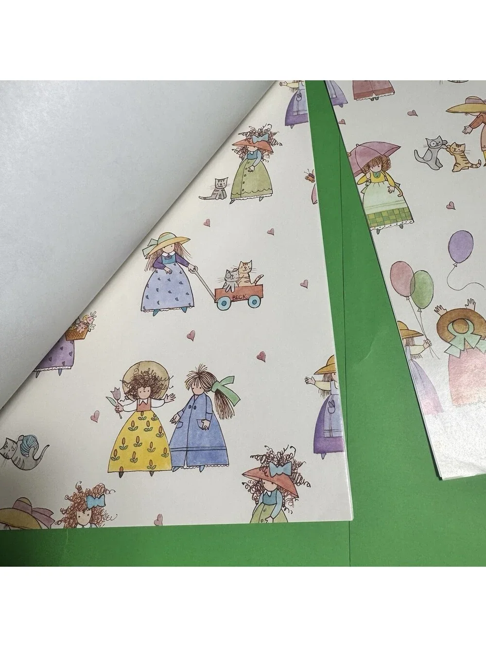 Vtg. Wrapping Paper Girls Cats Balloons Beck Design Scrapbook Craft 1.5 Sheets